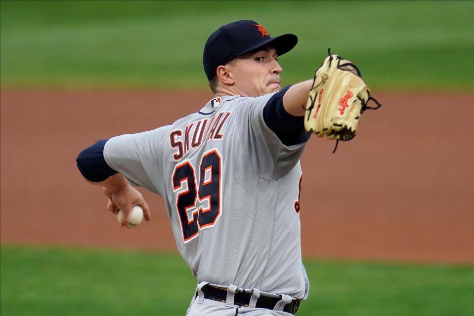 Tigers pitcher Tarik Skubal throws to a Twins batter during the first inning on Saturday, Sept. 5, 2020, in Minneapolis.