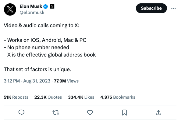 X將新增影音及語音通話功能，在iOS、Android裝置都能使用，同時也能在PC或Mac平台使用，並且用戶不需事先綁定任何電話號碼，隨時透過網路連線與「X」上的聯絡人聯繫。   圖：取自馬斯克的X