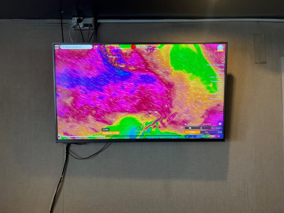 Intrepid showed us the weather in the Drake Passage, with pink meaning gale-force winds and huge wave swells.