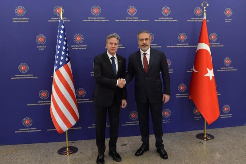 Turkish Foreign Minister Hakan Fidan shakes hands with U.S. Secretary of State Antony Blinken during their meeting in Ankara, Turkey on Monday. Photo by Necati Savas/EPA-EFE