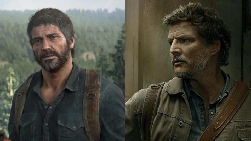 Apesar da dificuldade de cultivar uma barba, Pedro Pascal está idêntico ao Joel dos games (Imagem: Reprodução/Naughty Dog, HBO)