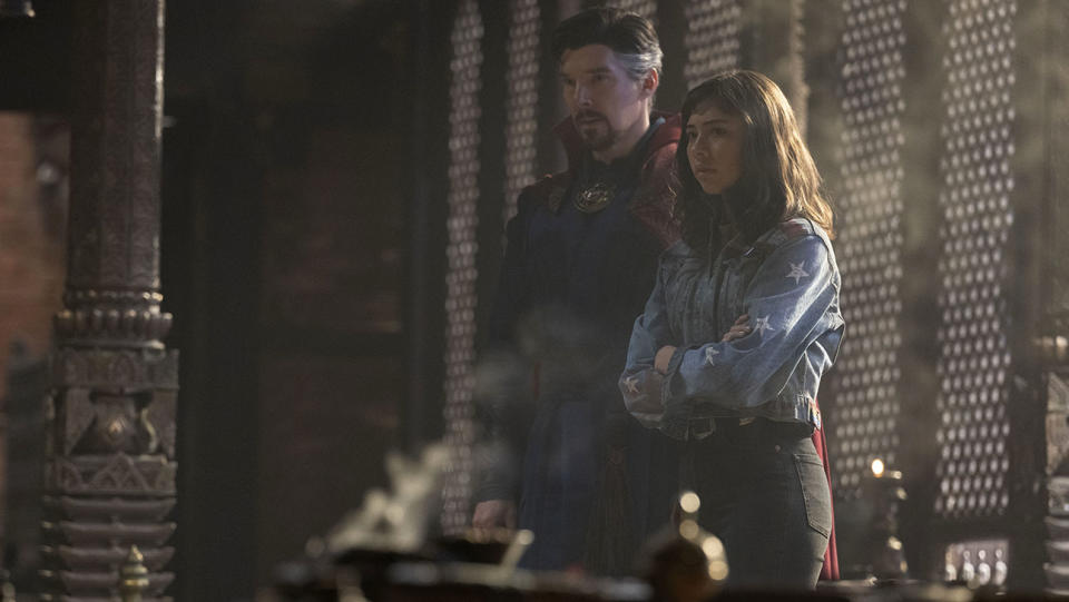 Benedict Cumberbatch as Dr. Stephen Strange and Xochitl Gomez as America Chavez in Marvel Studios’ DOCTOR STRANGE IN THE MULTIVERSE OF MADNESS. - Credit: Courtesy of Walt Disney Studios Motion Pictures/Marvel Studios