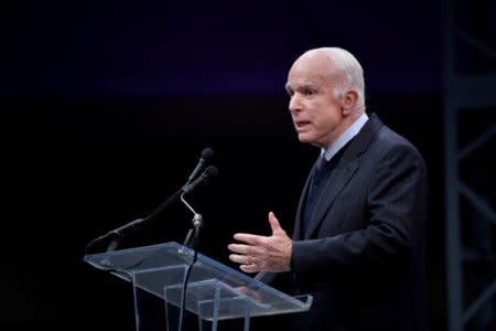 U.S. Senator John McCain (R-AZ) speaks after being awarded the 2017 Liberty Medal by former U.S. Vice President Joe Biden (unseen) at the Independence Hall in Philadelphia, Pennsylvania, U.S. October 16, 2017.   REUTERS/Charles Mostoller