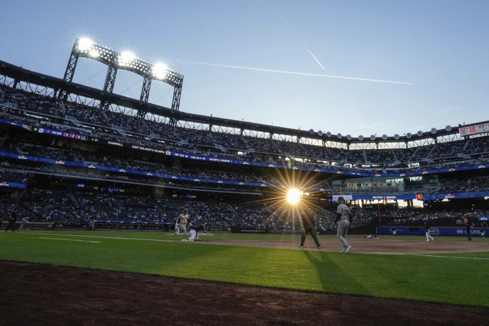 Arizona Diamondbacks' Corbin Carroll is thrown out at first base during the second inning of a baseball game against the New York Mets, Friday, May 31, 2024, in New York. (AP Photo/Frank Franklin II)