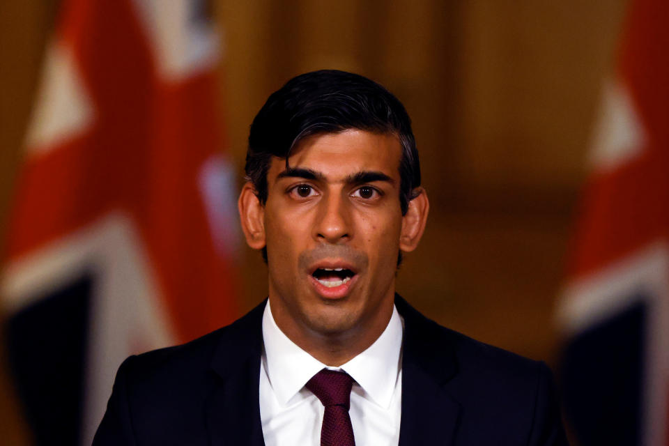 LONDON, ENGLAND - SEPTEMBER 24: Britain’s Chancellor of the Exchequer Rishi Sunak speaks during a virtual news conference on September 24, 2020 in London, England. The Chancellor presented his Winter Economy Plan in the House of Commons today, where he announced the government's Support For Jobs plan. Beginning in November when the current furlough scheme ends, the government will subsidise the pay of employees who are working fewer hours due to lower demand. Support For Jobs will run for six months.  (Photo by John Sibley-WPA Pool/Getty Images)