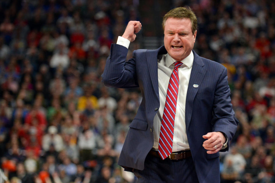 Kansas Jayhawks head coach Bill Self reacts during the first half in the second round of the 2019 NCAA Tournament. (USAT)