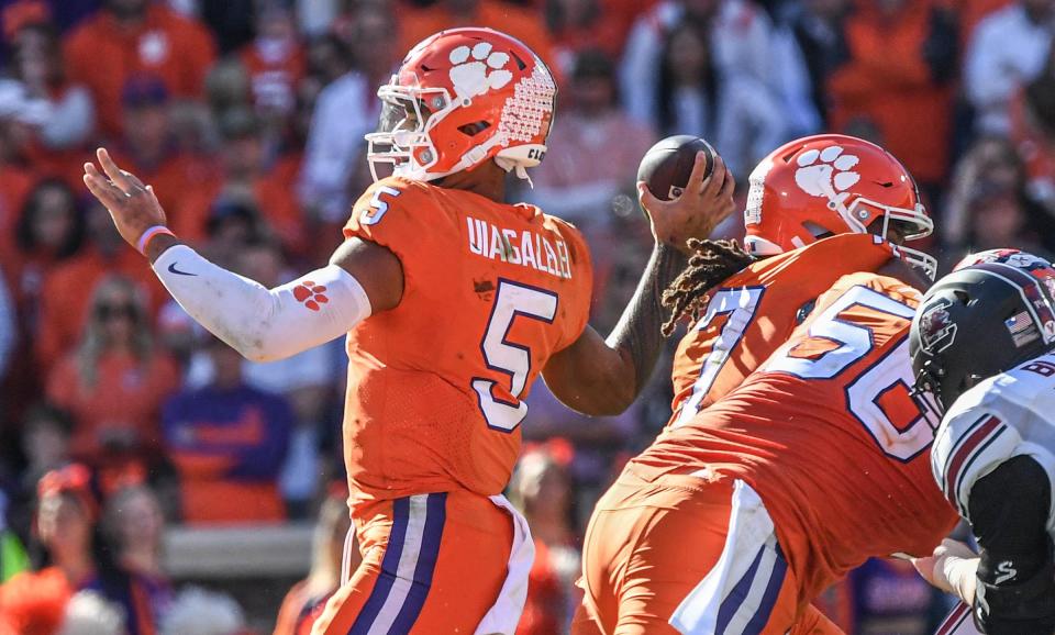 Clemson quarterback D.J. Uiagalelei (5) passes against South Carolina during the second quarter at Memorial Stadium in Clemson, South Carolina Saturday, Nov. 26, 2022.   