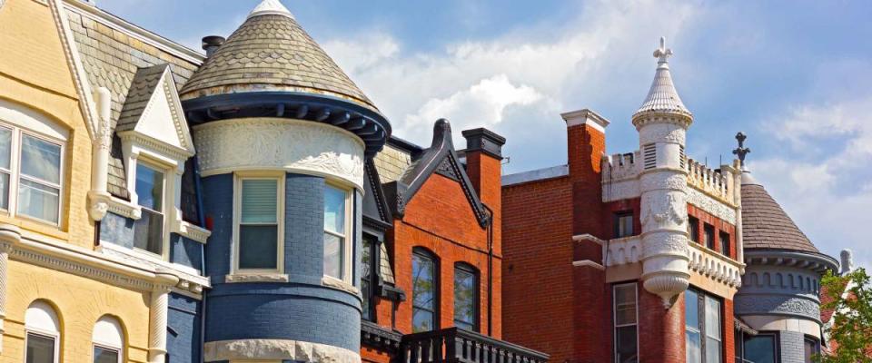 Historic residential architecture of Washington DC. Colorful townhouses near Dupont Circle in Washington DC.