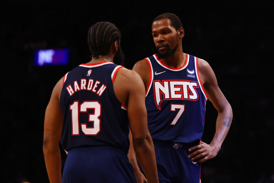 NEW YORK, NEW YORK - DECEMBER 04: Kevin Durant #7 and James Harden #13 of the Brooklyn Nets in action against the Chicago Bulls at Barclays Center on December 04, 2021 in New York City.  NOTE TO USER: User expressly acknowledges and agrees that, by downloading and or using this photograph, user is consenting to the terms and conditions of the Getty Images License Agreement. Chicago Bulls defeated the Brooklyn Nets 111-107. (Photo by Mike Stobe/Getty Images)