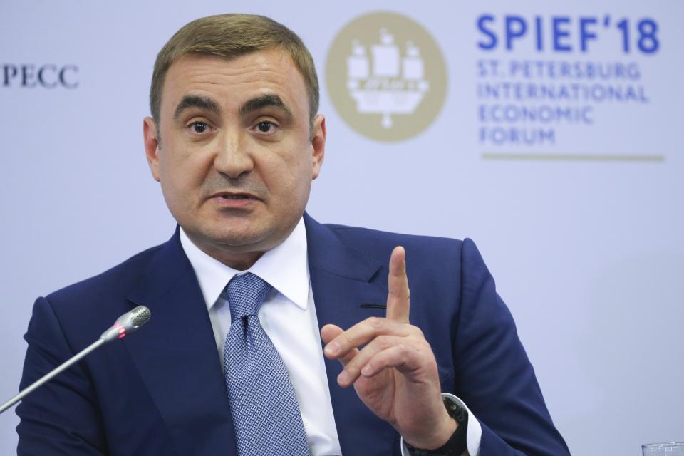 FILE - Governor of the Tula Region Alexei Dyumin gestures while speaking during a panel discussion at the St. Petersburg International Economic Forum in St.Petersburg, Russia, Thursday, May 24, 2018. Dyumin could be an establishment-supported candidate for Russian president if Vladimir Putin does not run for reelection or becomes incapacitated before the vote in March 2024. (Pyotr Kovalyev/TASS News Agency Pool Photo via AP, File)