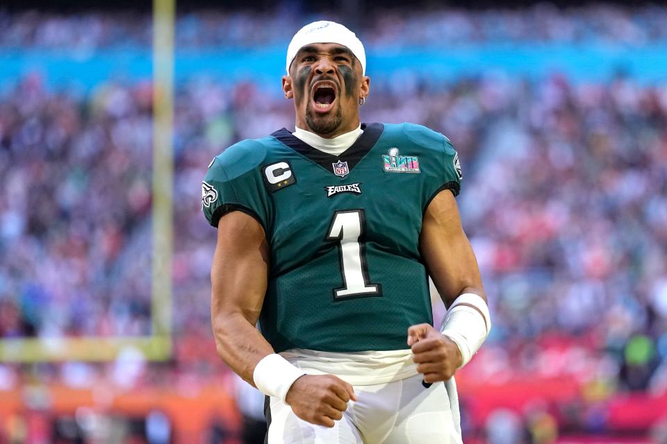 Philadelphia Eagles quarterback Jalen Hurts (1) cheers before the start of Super Bowl 57 against the Kansas City Chiefs, Sunday, Feb. 12, 2023, in Glendale, Ariz.