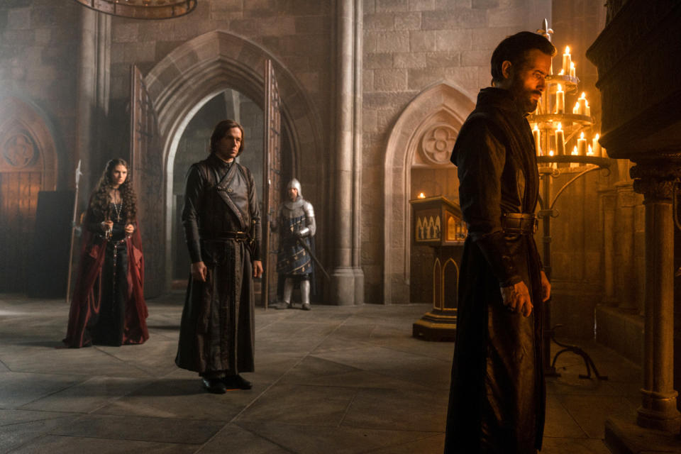 KNIGHTFALL, from left: Genevieve Gaunt, Julian Ovenden, Ed Stoppard, 'God's Executioners' (Season 2, ep. 201, aired March 25, 2019)