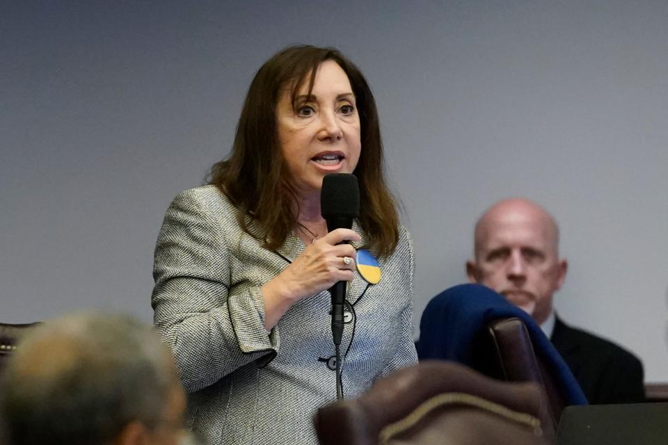 Florida Sen. Lori Berman speaks during a legislative session at the Florida State Capitol, Monday, March 7, 2022, in Tallahassee, Fla.  Republicans promoting claims of widespread voter fraud in at least two politically important states are turning to a new tactic to appease voters who falsely believe the 2020 presidential election was stolen: election police. The efforts in Florida and Georgia to establish law enforcement units dedicated to investigating voting or election crimes come as Republican lawmakers and governors move to satisfy the millions of voters in their party who believe former President Donald Trump's false claims that widespread voter fraud cost him re-election.