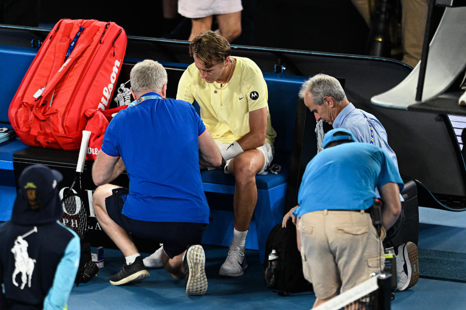 Sebastian Korda, pictured here receiving treatment during his quarter-final at the Australian Open.