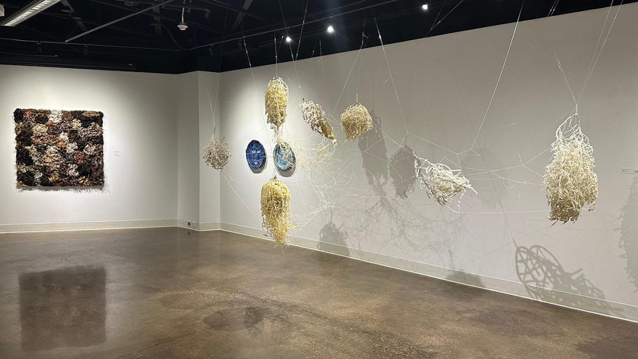 “Here We Go Again,” featuring works by West Texas A&M University art faculty members, is on view in the Dord Fitz Formal Gallery through March 9, including works seen here by Misty Gamble, Marcus Melton and Anna Lemnitzer.