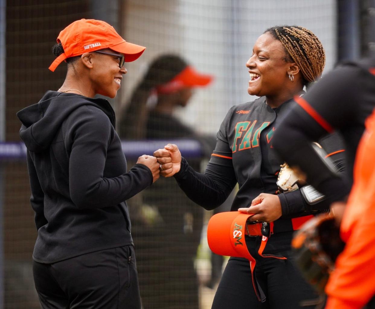 Florida A&M softball coach Camise Patterson and Nyah Morgan embraces each other during a 2022 game. Morgan was a hitting machine against Mississippi Valley State as she led the Rattlers with six hits and six RBI's during the Southwestern Athletic Conference series. She hit three doubles and a triple as she posted a .917 slugging percentage during the FAMU at MVSU series from April 22-23.