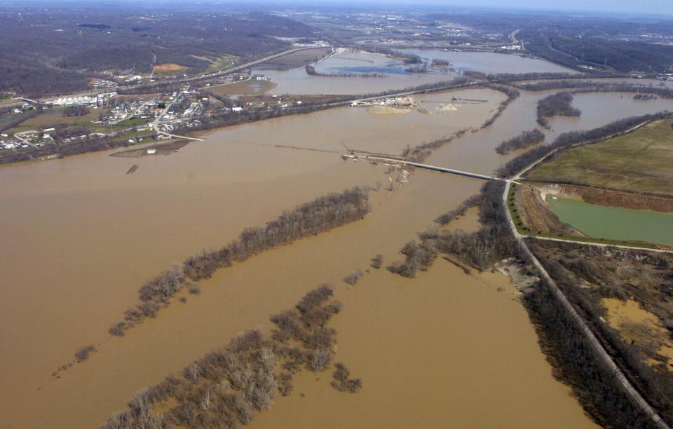 The rows of trees marks the normal banks of the Great Miami River just southwest of its confluence with the Whitewater River in Miami and Whitewater townships during a flood in 2008.