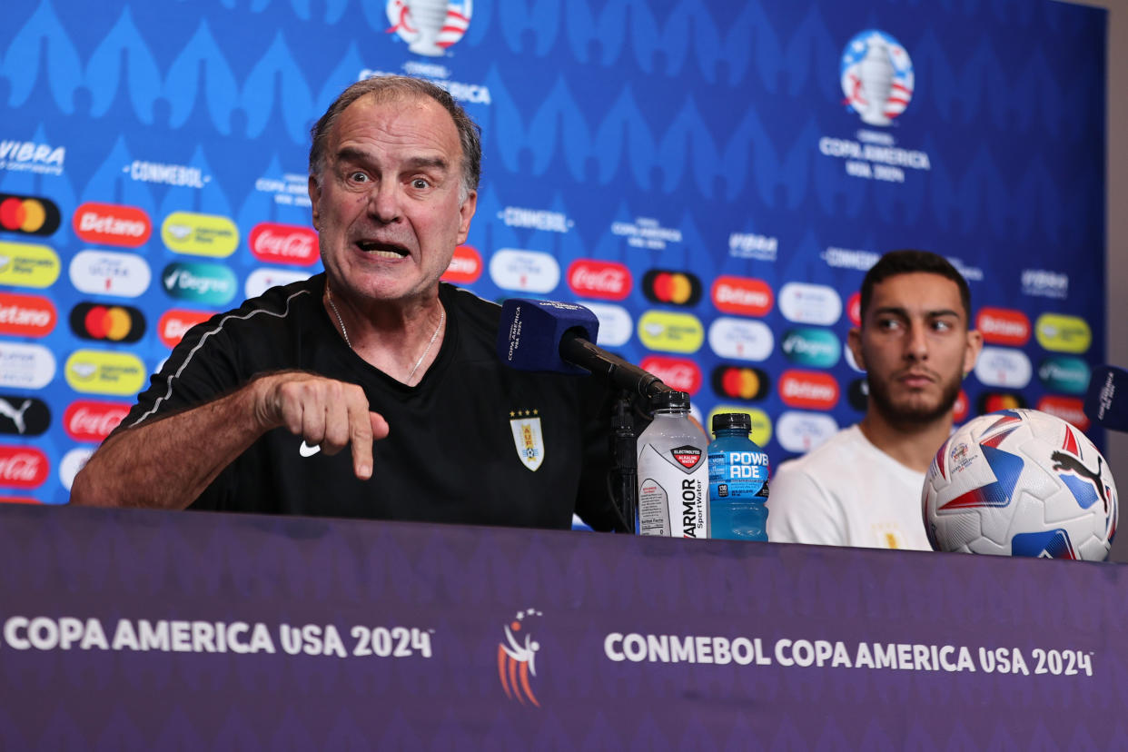 CHARLOTTE, NORTH CAROLINA - JULY 12: Head coach of Uruguay Marcelo Bielsa speaks ahead of their third place match against Canada as part of CONMEBOL Copa America USA 2024 at Bank of America Stadium on July 12, 2024 in Charlotte, North Carolina. (Photo by Omar Vega/Getty Images)