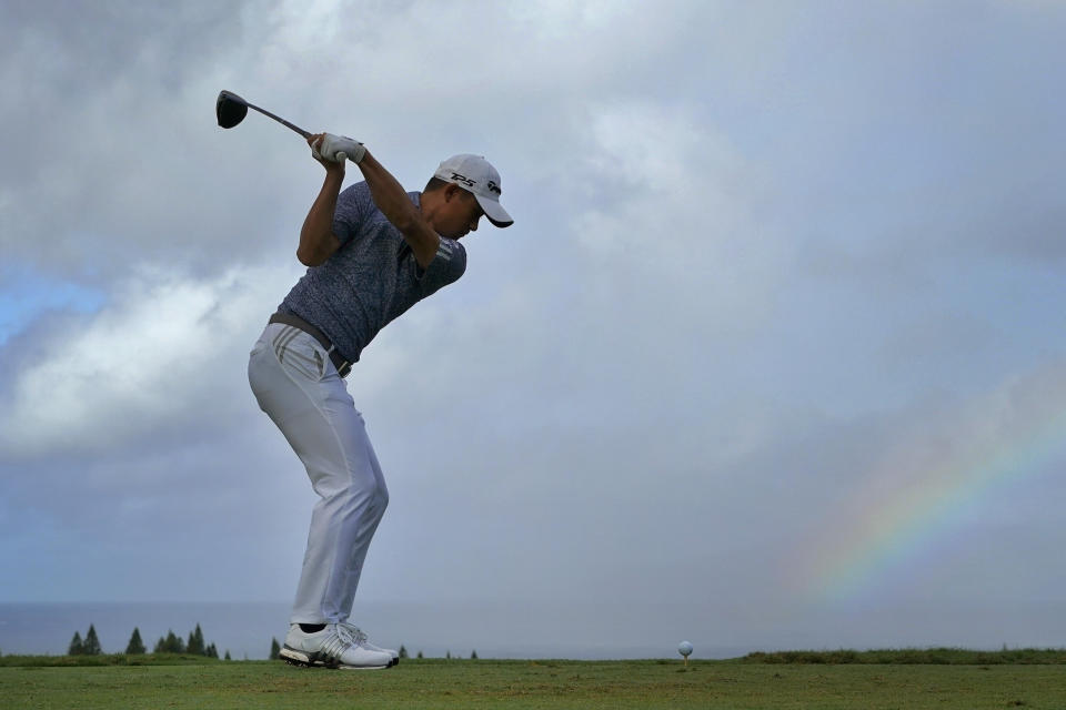 Collin Morikawa hits from the first tee during third round of the Tournament of Champions golf event, Saturday, Jan. 4, 2020, at Kapalua Plantation Course in Kapalua, Hawaii. (AP Photo/Matt York)