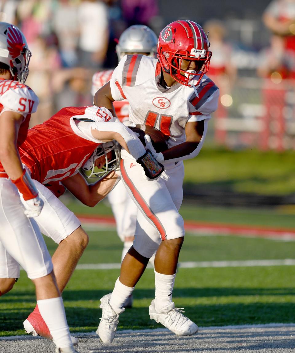 Canton South running back Xion Culver scores in the first quarter at Sandy Valley.  Friday, Sept. 01, 2023.