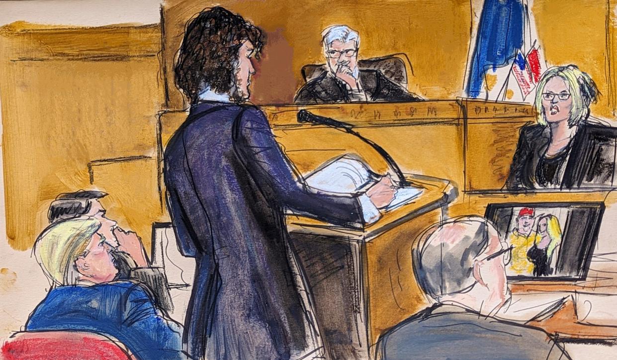 Judge Juan Merchan presides over proceedings as Stormy Daniels, far right, answers questions on direct examination by assistant district attorney Susan Hoffinger in Manhattan criminal court as former President Donald Trump and defense attorney Todd Blanche look on, Tuesday, May 7, 2024, in New York.