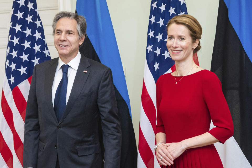 U.S. Secretary of State Antony Blinken, left, and Estonian Prime Minister Kaja Kallas pose for photographers on the occasion of their meeting, in Tallinn, Estonia, on Tuesday, March 8, 2022. Blinken was meeting with senior Estonian officials in Tallinn on Tuesday, a day after hearing appeals from both Lithuania and Latvia for more support and greater U.S. and NATO troop presence to deter a feared Russian intervention. (AP Photo/Raul Mee)