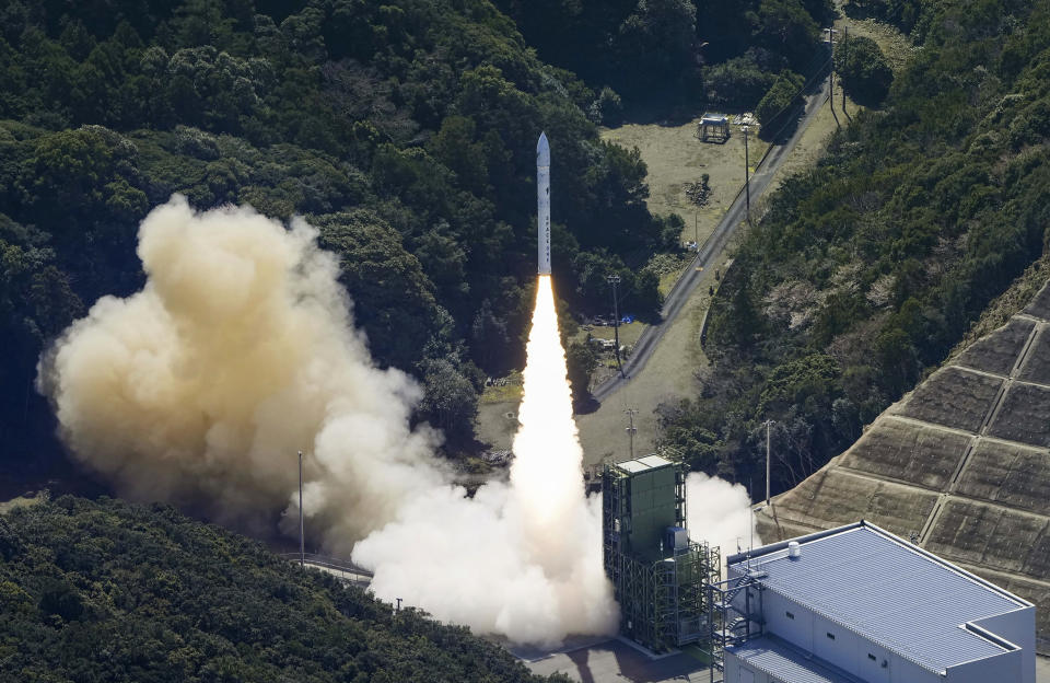 Space One's Kairos rocket is launched before it explodes after liftoff from a launch pad in Kushimoto, Wakayama prefecture, western Japan, Wednesday, March 13, 2024. The rocket touted as Japan’s first from the private sector to go into orbit exploded shortly after takeoff Wednesday, livestreamed video showed.(Kyodo News via AP)