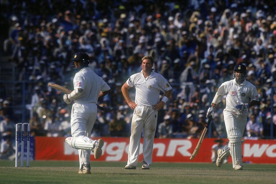 Seen here in 2001, the late Shane Warne is frustrated by the record partnership between VVS Laxman and Rahul Dravid in Calcutta.