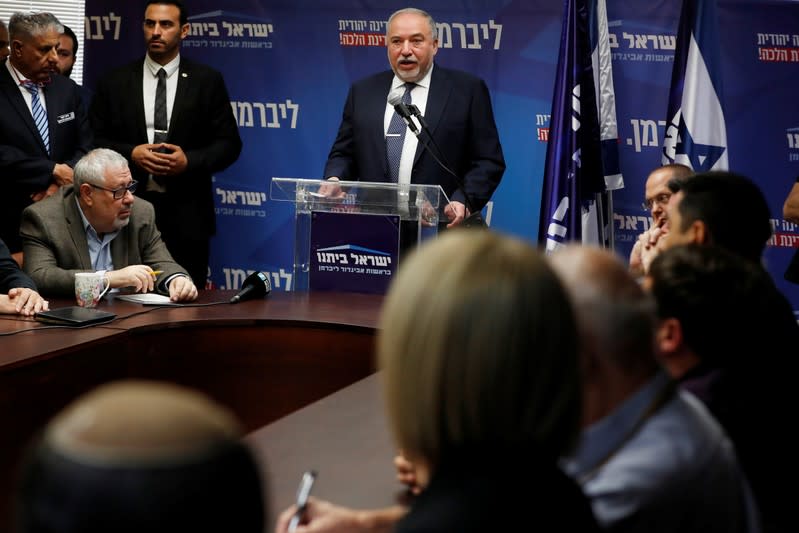 Avigdor Lieberman, head of the ultranationalist Yisrael Beitenu party delivers a statement at the Knesset, Israeli parliament, in Jerusalem