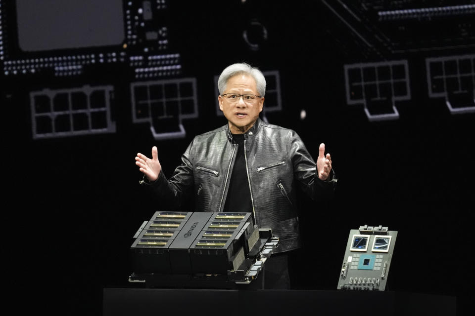 CEO Jensen Huang speaks during the keynote address of Nvidia GTC in San Jose, Calif., Monday, March 18, 2024. (AP Photo/Eric Risberg)