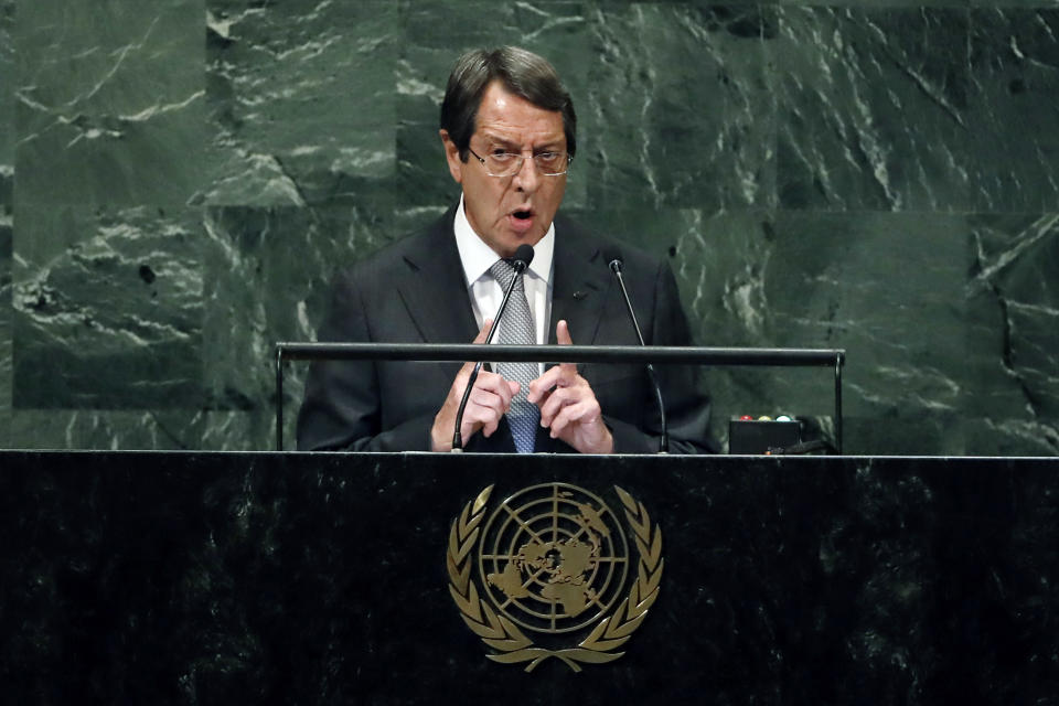 President of Cyprus Nicos Anastasiades addresses the 73rd session of the United Nations General Assembly, at U.N. headquarters, Thursday, Sept. 27, 2018. (AP Photo/Richard Drew)