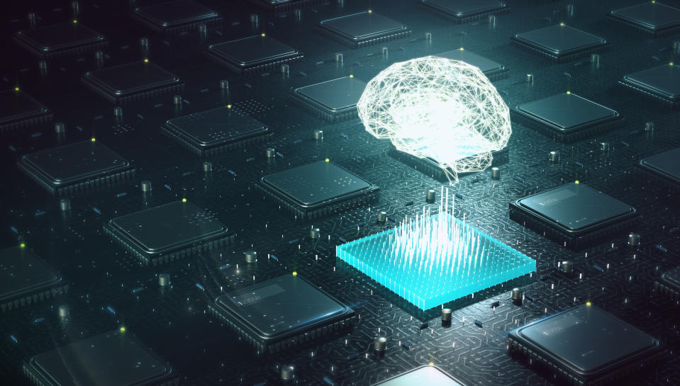 Digital rendering of a brain hovering above a microchip