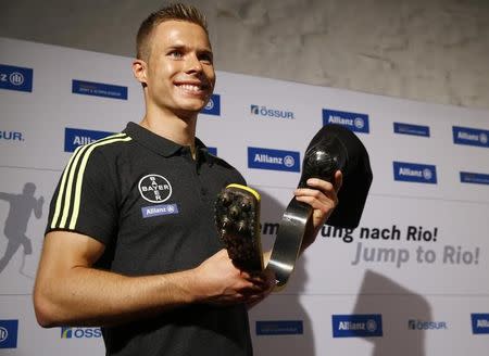 German paraolympic long jumper Markus Rehm aka "Blade Jumper" poses after a news conference in Cologne, Germany, May 30, 2016. REUTERS/Wolfgang Rattay