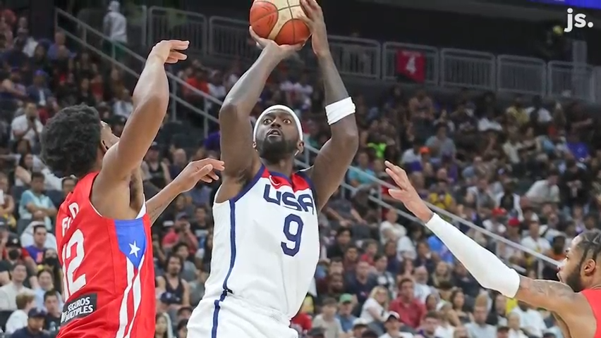Bobby Portis (9) of the United States shoots against Aleem Ford (12) and Phillip Wheeler (23) of Puerto Rico in the second half of a 2023 FIBA World Cup exhibition game at T-Mobile Arena on August 07, 2023 in Las Vegas, Nevada. The United States defeated Puerto Rico 117-74.