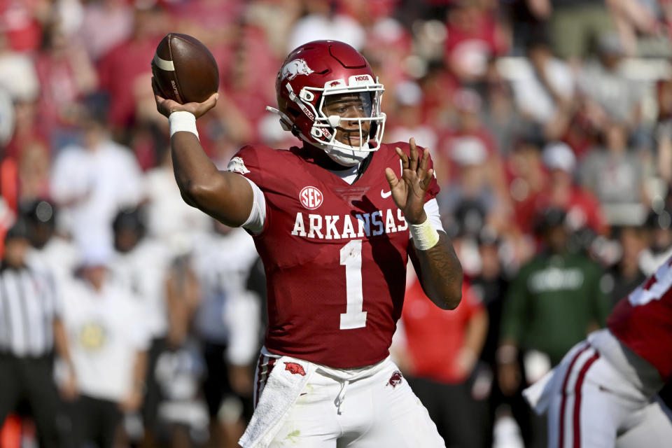 Arkansas quarterback KJ Jefferson (1) had a strong season-opening win over Cincinnati last week in Fayetteville, Ark. (AP Photo/Michael Woods)