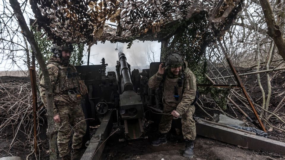 Ukrainian soldiers of Brigade 71 fire artillery in the direction of Avdiivka on February 18, 2024. - Diego Herrera Carcedo/Anadolu/Getty Images