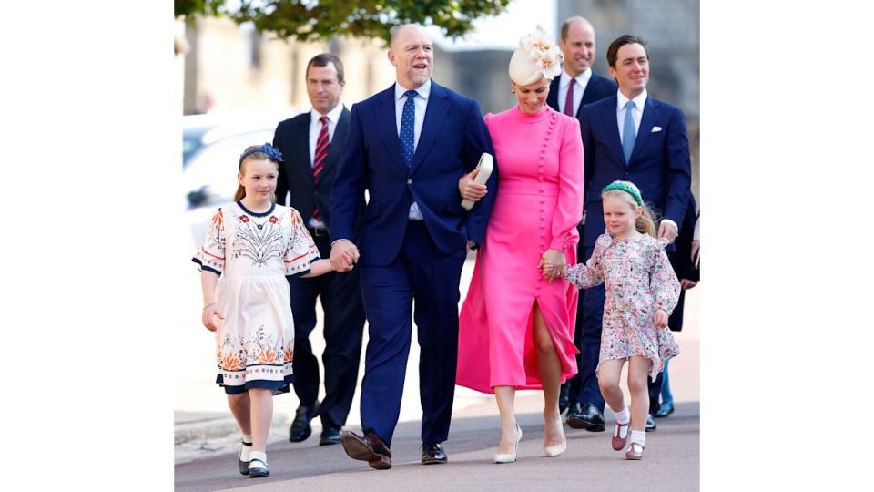 Mia Tindall, Mike Tindall, Zara Tindall and Lena Tindall attend the traditional Easter Sunday Mattins Service at St George's Chapel, Windsor Castle on April 9, 2023 in Windsor, England