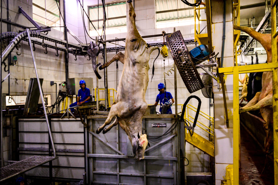 A slaughterhouse in the Brazilian state of Rondônia in February 2019. The company boasted an expansion would allow a cow to be killed every eight seconds at the facility.<span class="copyright">Sebastián Liste—NOOR for TIME.</span>