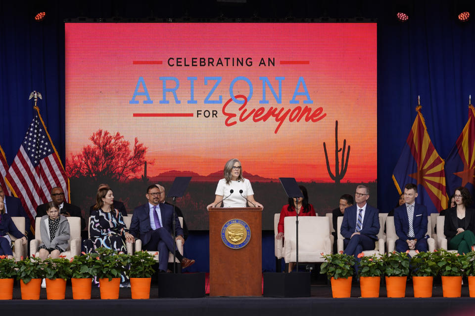Arizona Democratic Gov. Katie Hobbs speaks after taking a ceremonial oath of office during a public inauguration at the state Capitol in Phoenix, Thursday, Jan. 5, 2023. (AP Photo/Ross D. Franklin)