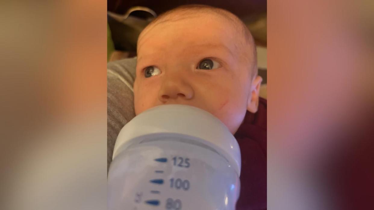 Five-month-old Parker is on formula, and his mom, Kaitlyn Tann of Sudbury, Ont., says her family has had to make financial sacrifices, including missing their phone bill payment some months, to feed him. (Submitted by Kaitlyn Tann - image credit)