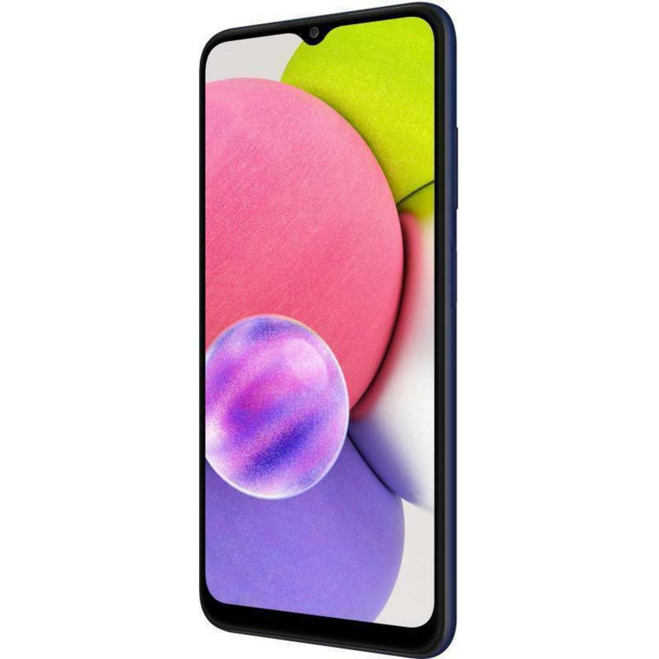 The Samsung Galaxy A03s features a large 6.5-inch HD+ Infinity Display (virtually edge-to-edge viewing), a side-mounted finger sensor to securely access the device, and a camera system comprised of three lenses (main, depth, and macro).