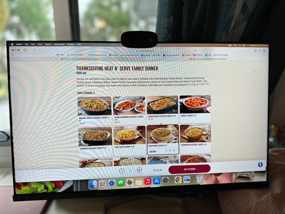 Photo of computer screen, ordering Cracker Barrel thanksgiving dinner