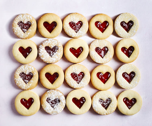 Traditional Linzer cookie with strawberry jam, top view