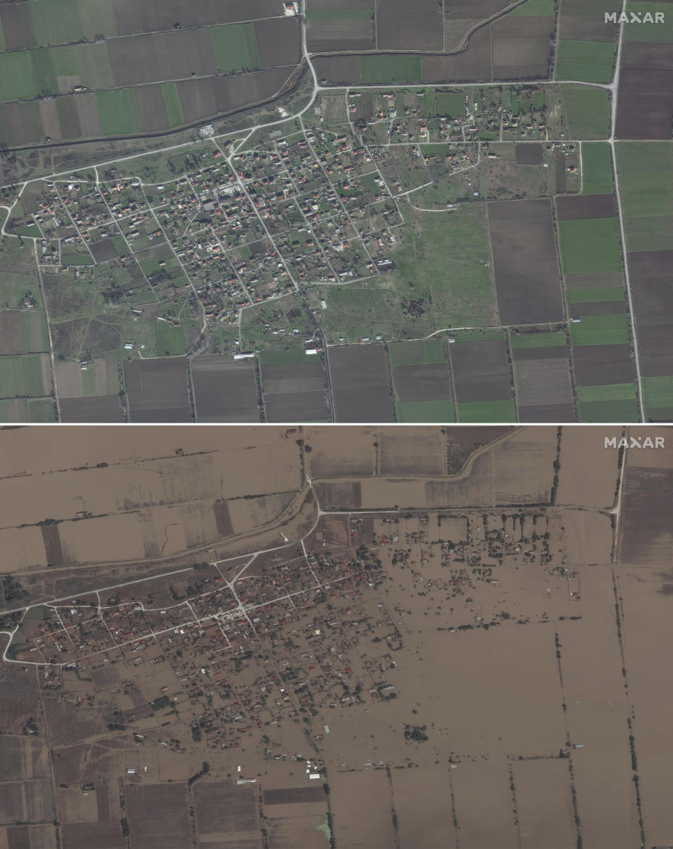 This combination of satellite images from Maxar Technologies compares a view on Jan. 11, 2023, of the village of Agia Triada, in the central region of Thessaly, Greece and on Sept. 9, 2023 after it was flooded following torrential rain earlier in the week. (Satellite image ©2023 Maxar Technologies via AP)