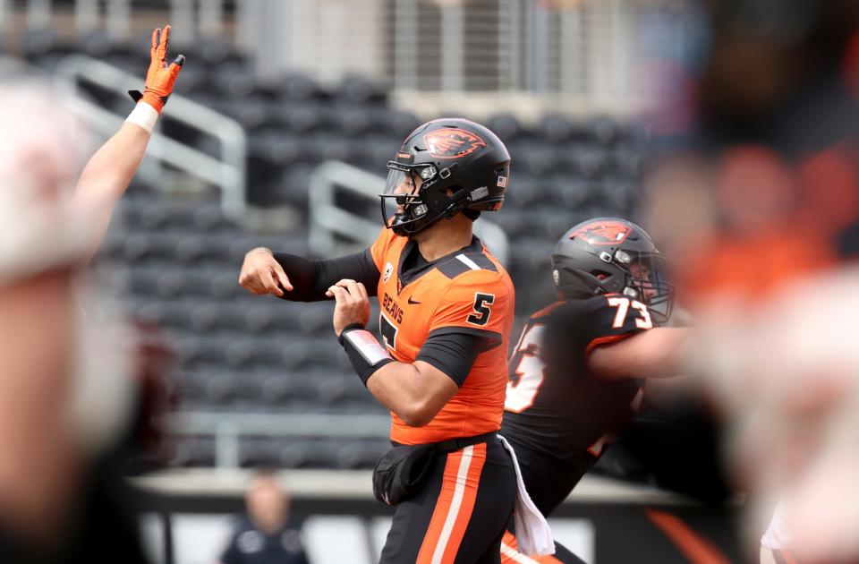 Oregon State quarterback DJ Uiagalelei (5) passes the ball during the spring showcase at Reser Stadium on April 22 in Corvallis.