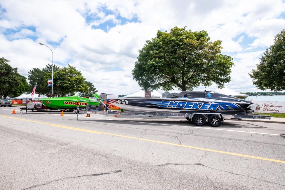 Boats are lined up along N. Riverside Avenue Friday, July 30, 2021, ahead of this year's powerboat races in St. Clair.