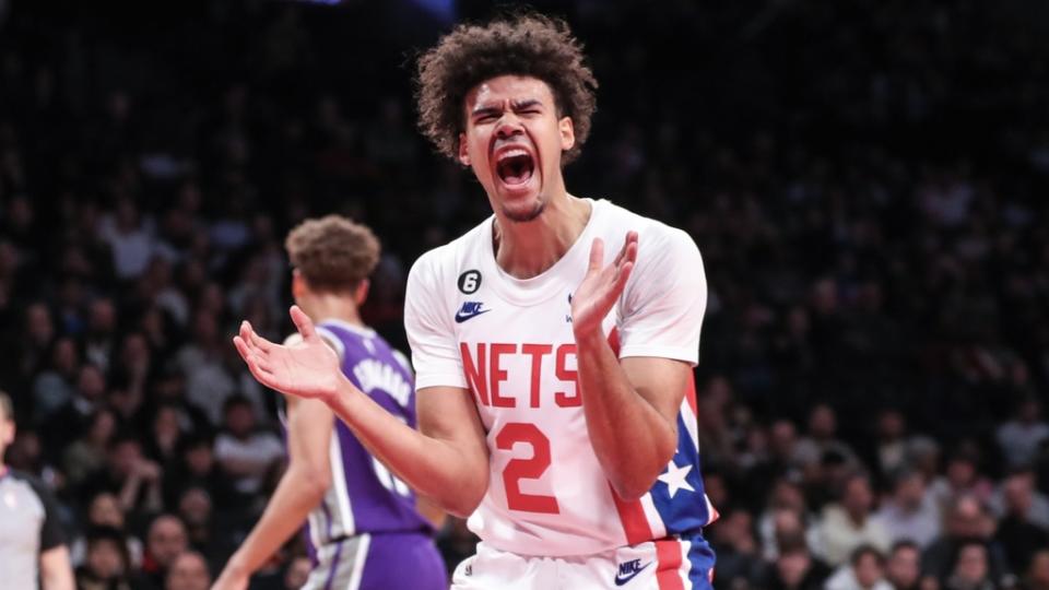 Brooklyn Nets forward Cameron Johnson (2) reacts after a call in the third quarter against the Sacramento Kings at Barclays Center