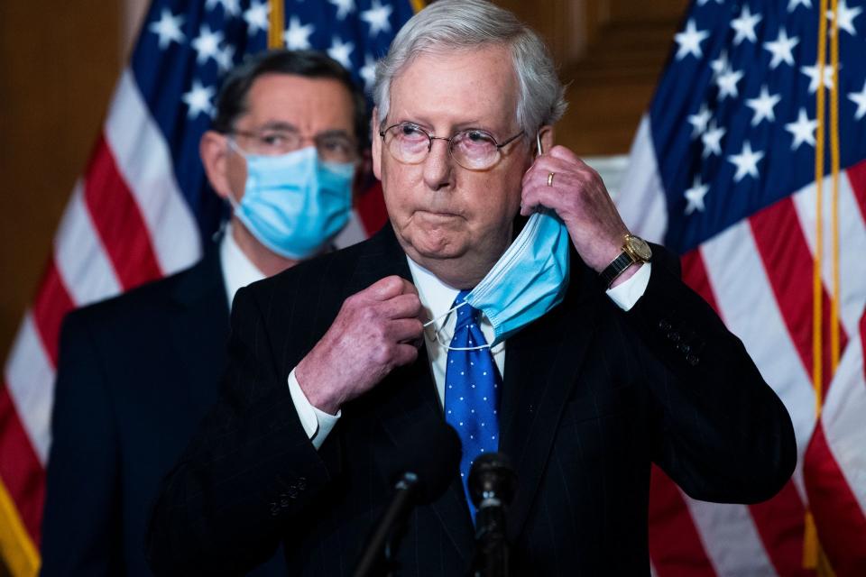 Mandatory Credit: Photo by Tom Williams/POOL/EPA-EFE/Shutterstock (11088994c)Senate Majority Leader Mitch McConnell attends a press conference, after the Senate Republican Policy luncheon, at US Capitol, Washington, DC, USA, 01 December 2020.