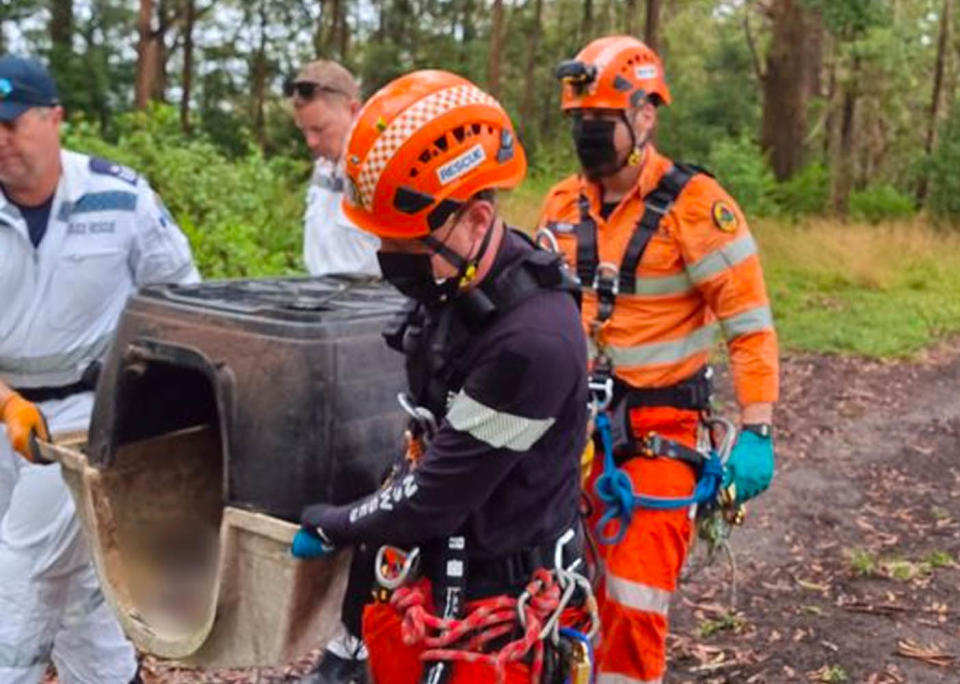 The dog was found alive inside the kennel, but was later put down due to its injuries. Source: NSW Police