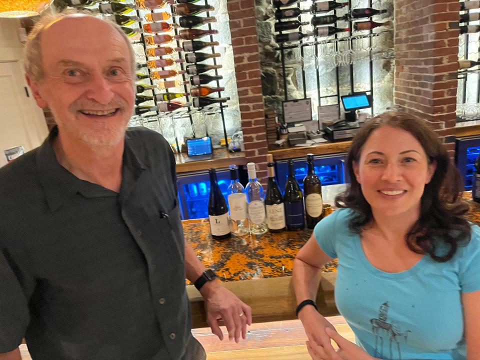 Vino e Vivo owner Tony Callendrello with Sarah Trubnick of Northeast Wine Company during a recent tasting event for Long Island wines at Vino e Vivo wine bar and restaurant in Exeter.